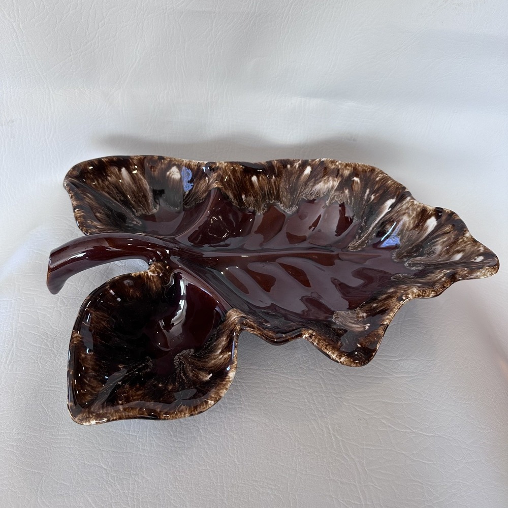 Brown Drip Pottery Divided Leaf Serving Dish Oven Proof 14" - Vintage!